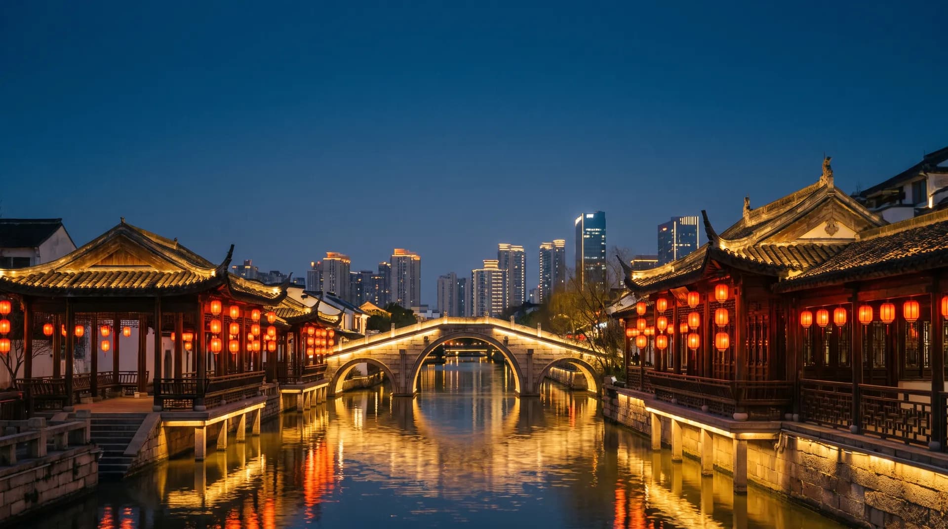 Canal histórico de Yangzhou al amanecer